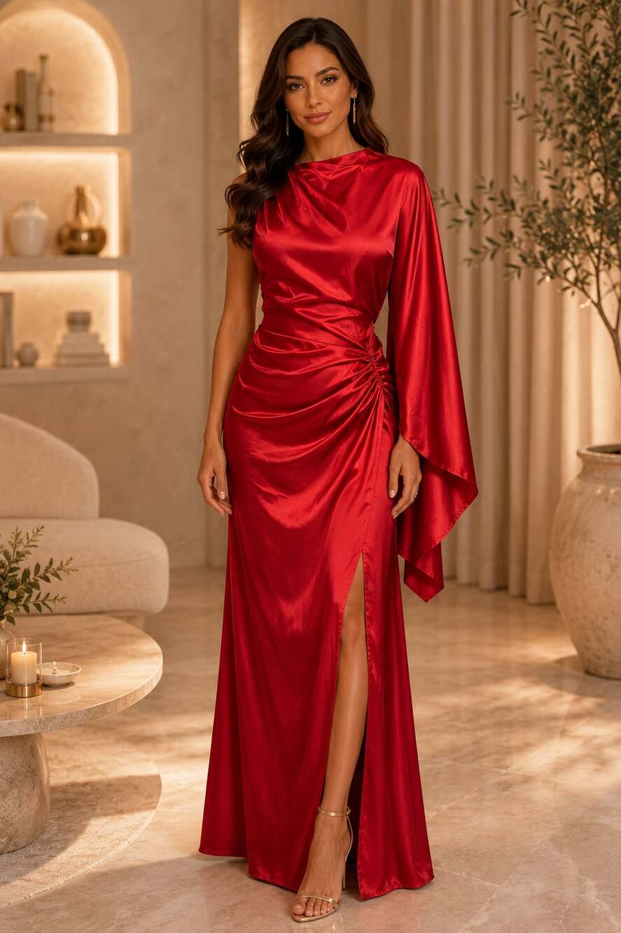 One-Shoulder Ruched Side-Slit Satin Maxi Gown
